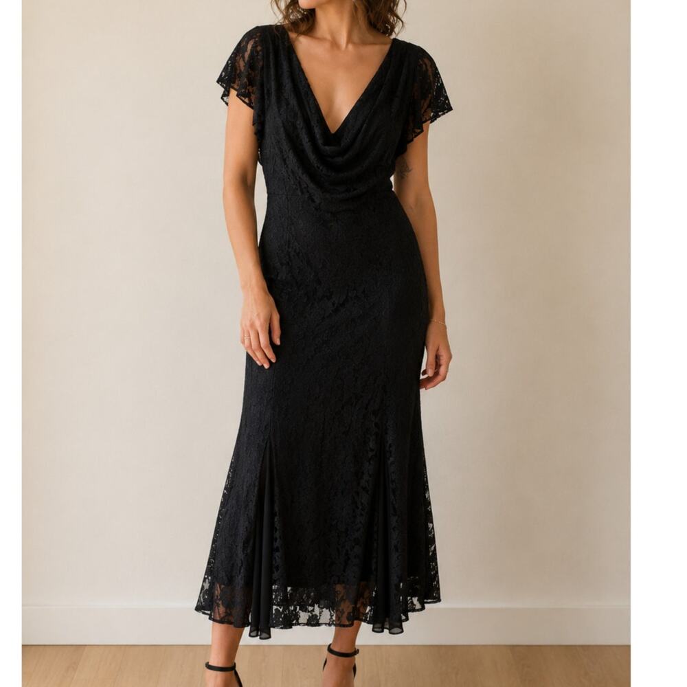 Stop Staring! Black Lace Cowl Back Midi Maxi Dress Formal Cocktail Size 18 New